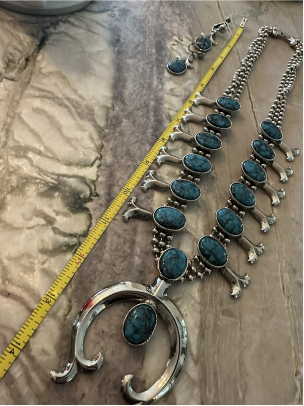 Vtg Goldette Signed Squash Blossom Necklace& Earring Set Turquoise blue silver - Picture 3 of 8